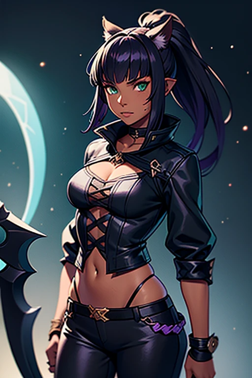 1girl, Miqo'te Final Fantasy 14, Reaper Job, Dark Pants, Dark top, Scythe (weapon) , Black and Purple Hair, Green eyes, Ponytail, Darker Skin Tone, cat tail; No Ears, Portrait, in space,