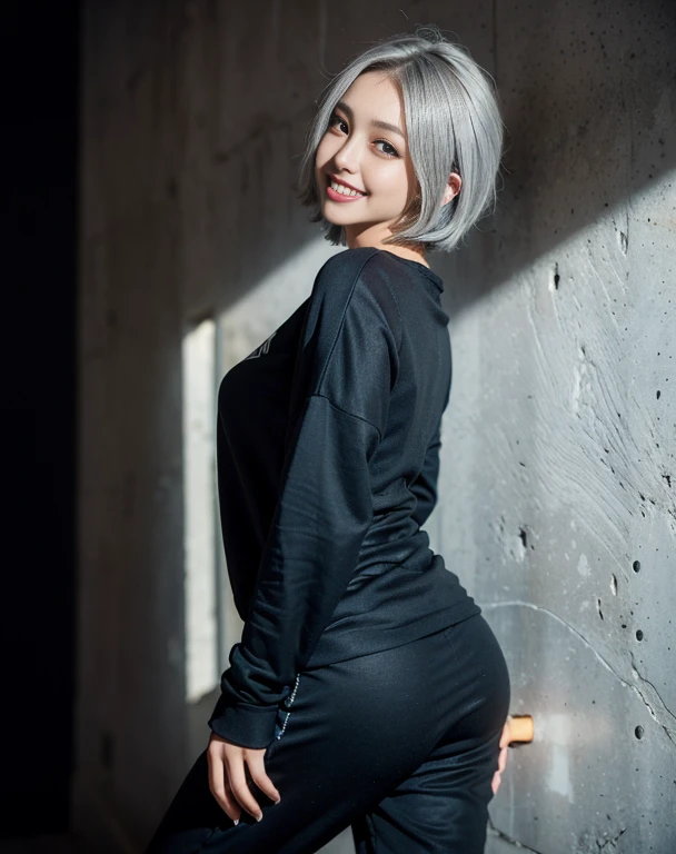 Masterpiece, 8K, award-winning photos, photorealistic, realistic, ultra detailed, ultra high definition, ray tracung, 
_
the most beautiful, 22 years old ,(sexy,Japanese idol),(gray hair, short hair:1.3),shiny skin , detailed skin , detailed face , detailed eyes ,
_
looking at viewer, 
_
BREAK (droopy eyes, Natural makeup,smile, glistening teeth:1.2), natural lip, (tshirt Lift:1.3), light color medium large nipples, 
_
(glowing blue eyes:1.2), tan skin,
_
BREAK (black theme:1.4),(Very large size black sweatshirt:1.3), (Slim fit pants:1.2),
_
Inorganic concrete studio with windows, highly detailed background, ultra-realistic textures, dramatic lighting ,raw photo, 1girl,
_ from behind,