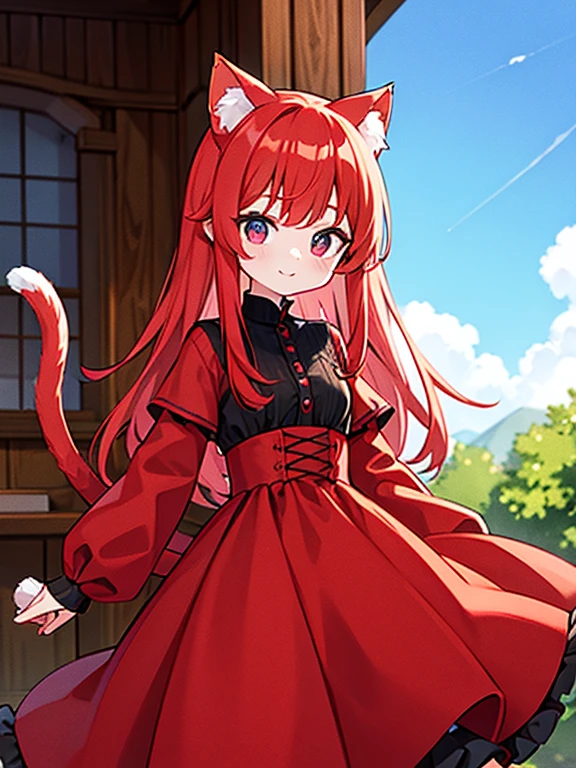 Cat-eared red-haired woman. dressed all in red and luxuriously with a white tail, his right eye is red and his left eye is blue.