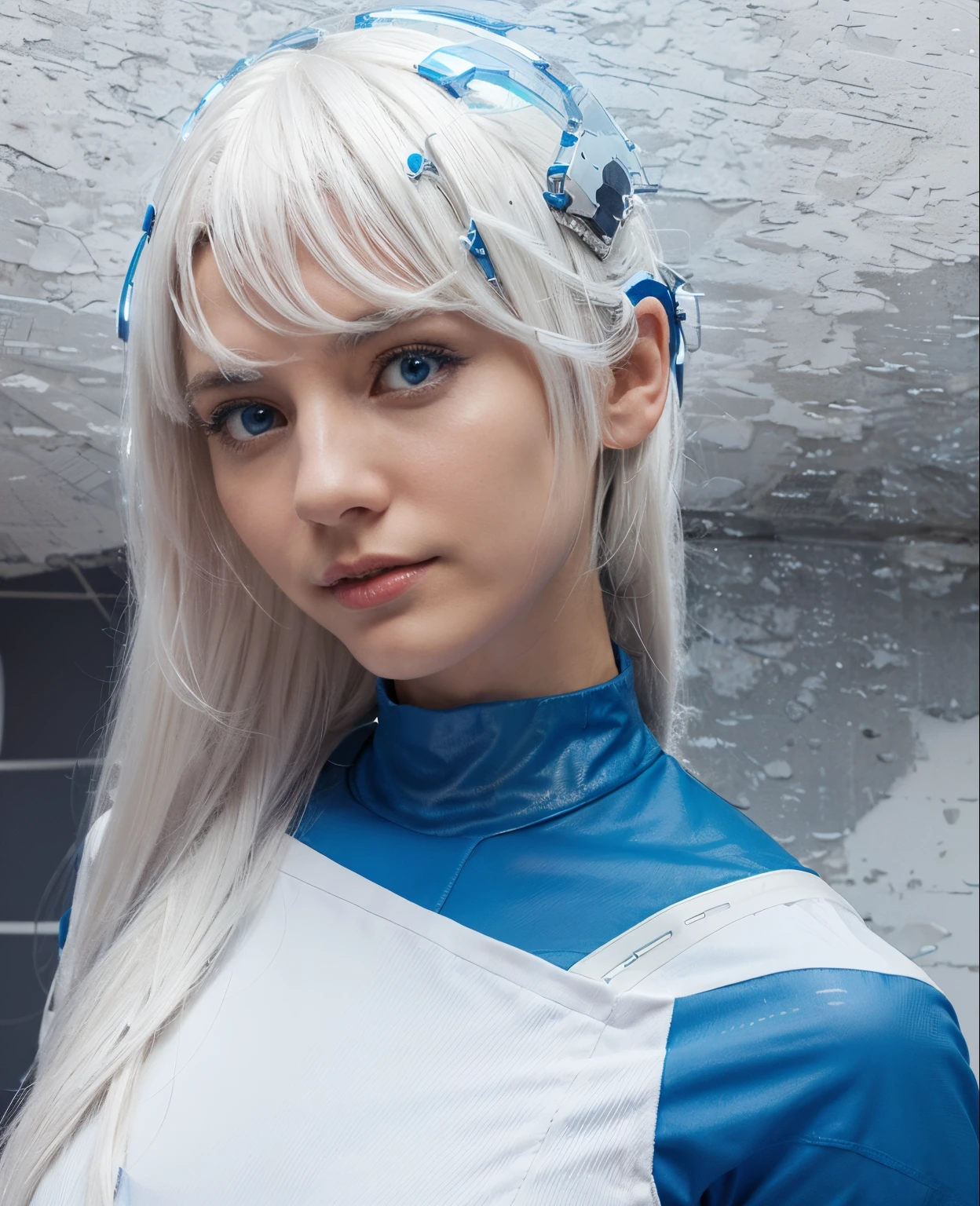 1girl, white hair, blue futuristic suit, futuristic helmet, ing,