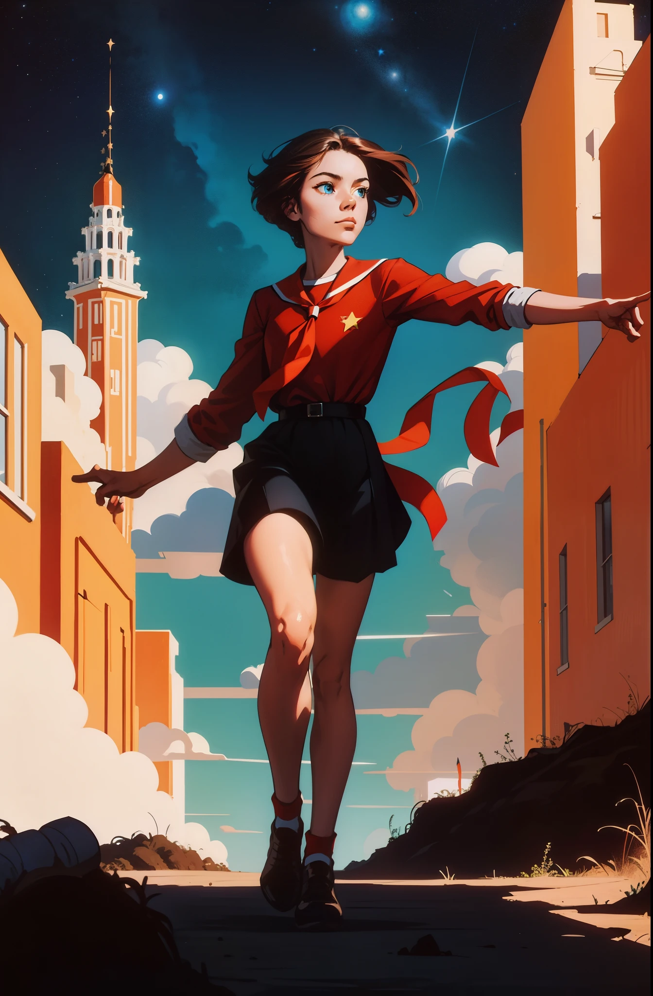 Masterpiece , minimalistic poster art, digital painting, (happy colorful epic:1.2), full body, beautiful 20 years old student girl walking in to camera , short brown hair, blue eyes, long black dress school uniform, red scout tie, (masterpiece art  background:1), CCDDA Artstyle, soviet retrofuturism, communism, utopia, human progress, spaceships, distant planets, stars,  highly detailed,