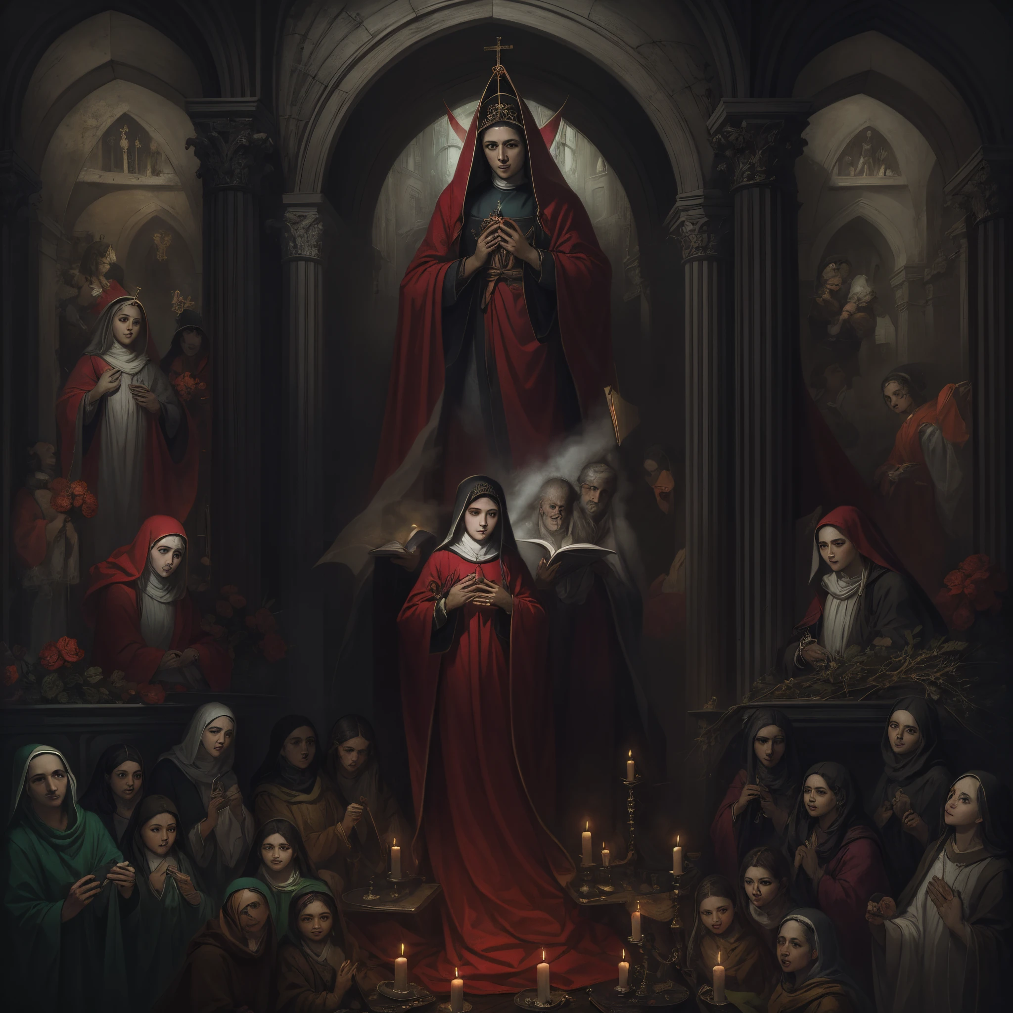 Monja de sangre,oscuro y tetrico ambiente,iglesia vieja con cristaleras biblicas,mujer hermosa con ojos rojos y penetrantes,1mujer rodeada de espiritus etereos,oscuridad eterna y profunda,fantasmas penitentes,grupo de espiritus humanoides