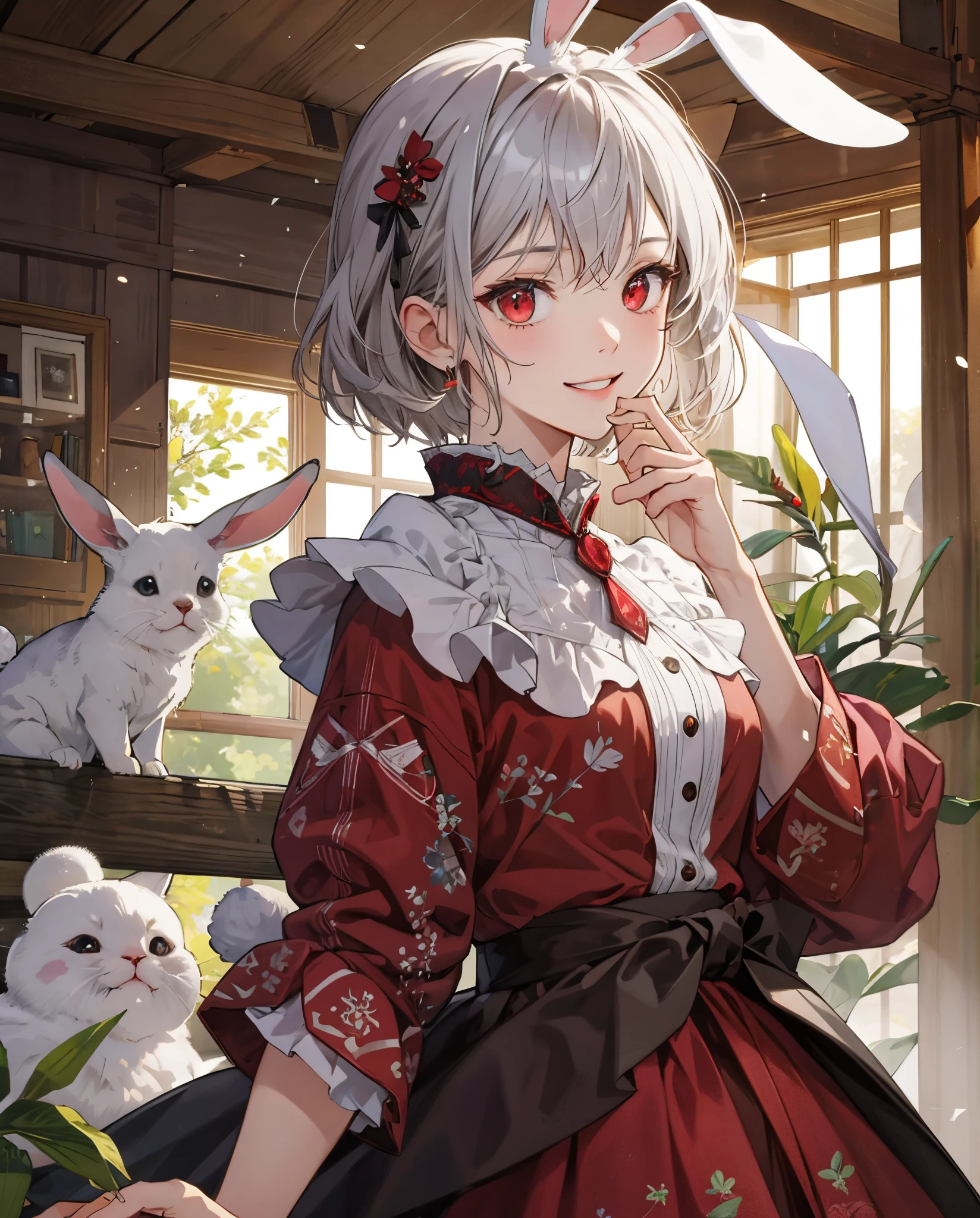 ultra-detailliert、、masterpiece、top-quality、超A high resolution、2D Beautiful Girl、animesque、teens girl、greyt hair、short-haired、Rabbit ears、Rabbit tail、Beautiful red eyes、The clothes are also depicted in detail、Eyes are depicted in detail、The face is depicted in detail、sorcerer、soio、Gentle smile、hair adornments、animesque、illustratio