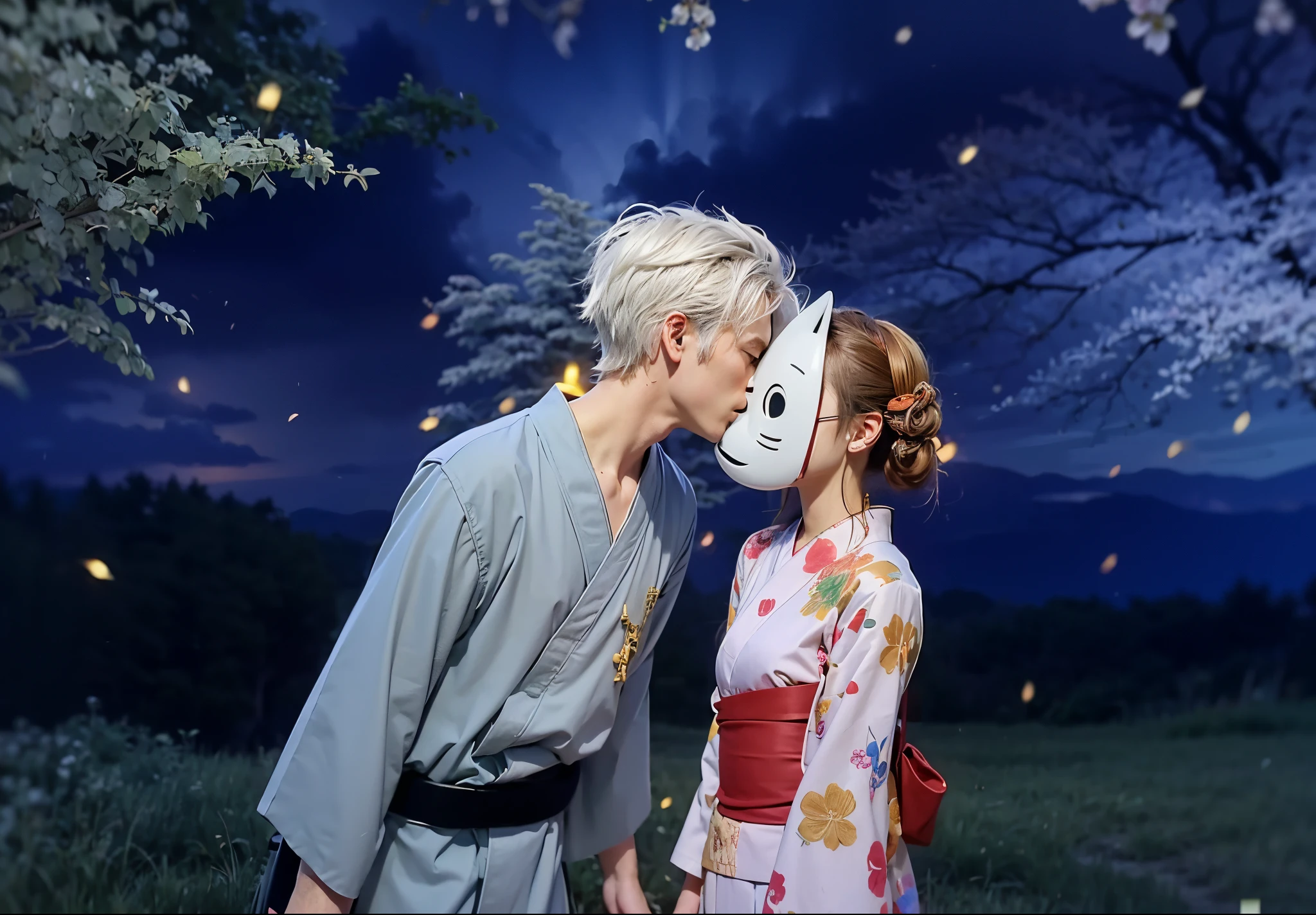 Man, spiky silver hair, gray kimono, black obi, white cat yokai mask, pink kimono with cherry blossom pattern, red obi, fireflies are sparkling around