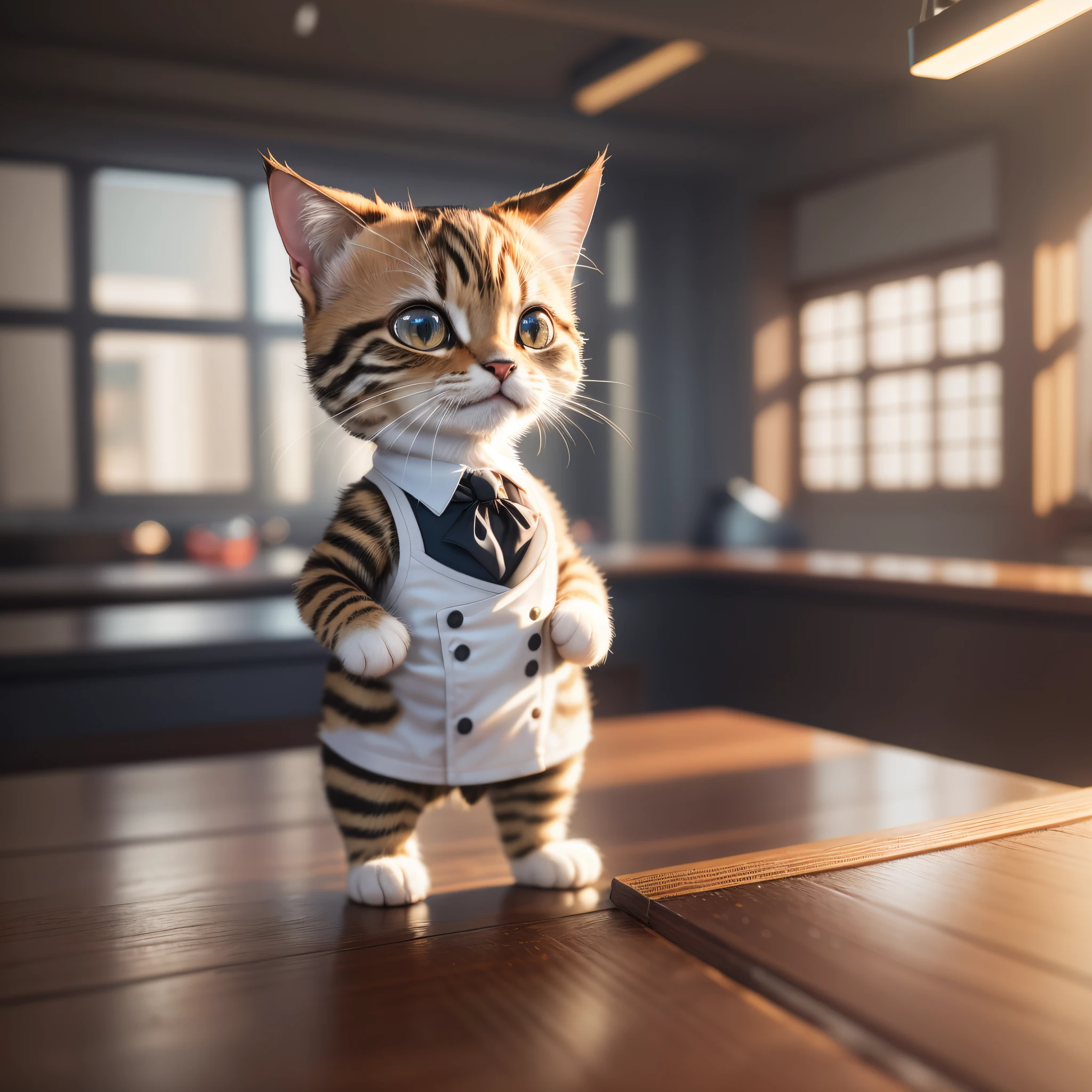 1 cute standing kitten,Wearing a chef's suit,anthropomorphized,Short,solo,no human,tail detailed wire,intricate details,hdr,intricate,cinematic shot,vignette,centered,hyperdetailed,Always full of mystery and charm,masterpiece,8k,high resolution,highest texture,better face,animal focus,exquisite details,full body display,bright studio lighting,octane rendering,8k,