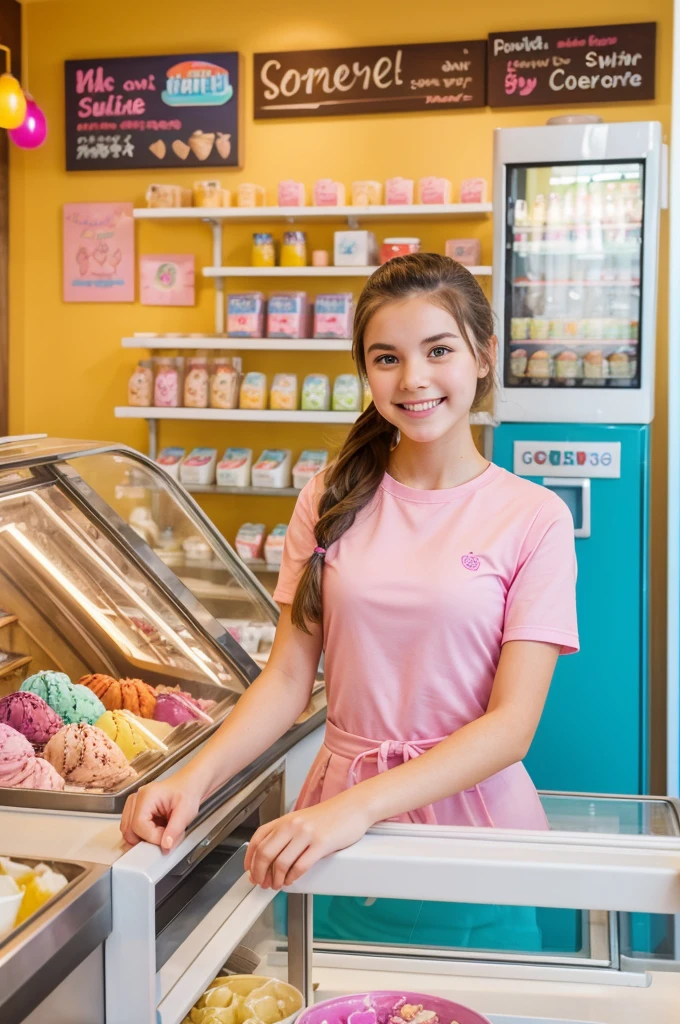 Emily, a cheerful girl with a balanced and energetic demeanor, stands behind the ice cream counter, mid-preparing an ice cream cone in her colorful ice cream shop uniform ,skin tight clothing. Her overall proportions are lean and toned, reflecting the relaxed ambiance of the shop. Emily's friendly hourglass smile greets customers as they enter, creating a warm and inviting atmosphere. The composition captures the bustling scene with a wide-angle lens, showcasing the vibrant display of ice cream flavors. Emily's hair, neatly pulled back in a ponytail, adds to her practical yet friendly appearance. Natural lighting inside the shop enhances the cheerful colors, and a touch of rosy blush complements Emily's youthful look. The image, taken with a digital sensor, undergoes post-processing to enhance the lively and sweet color grading of the ice cream shop.
