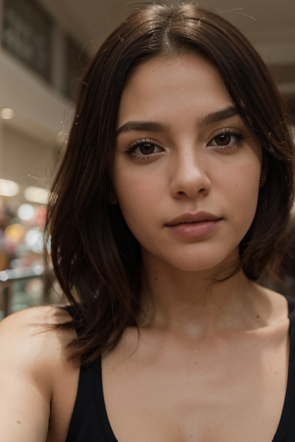 Brown hair color, Mujer latina blanca, cabello largo rizado, tiny breast, en el centro comercial, Selfie de cerca, cara seria, Cabeza ligeramente inclinada, Manga larga negra, sin sujetador, 8k, High detail, very vivid portrait photo, very real, fragile and real details, translucent and real colors in retrospect, every detail in (((8k))),