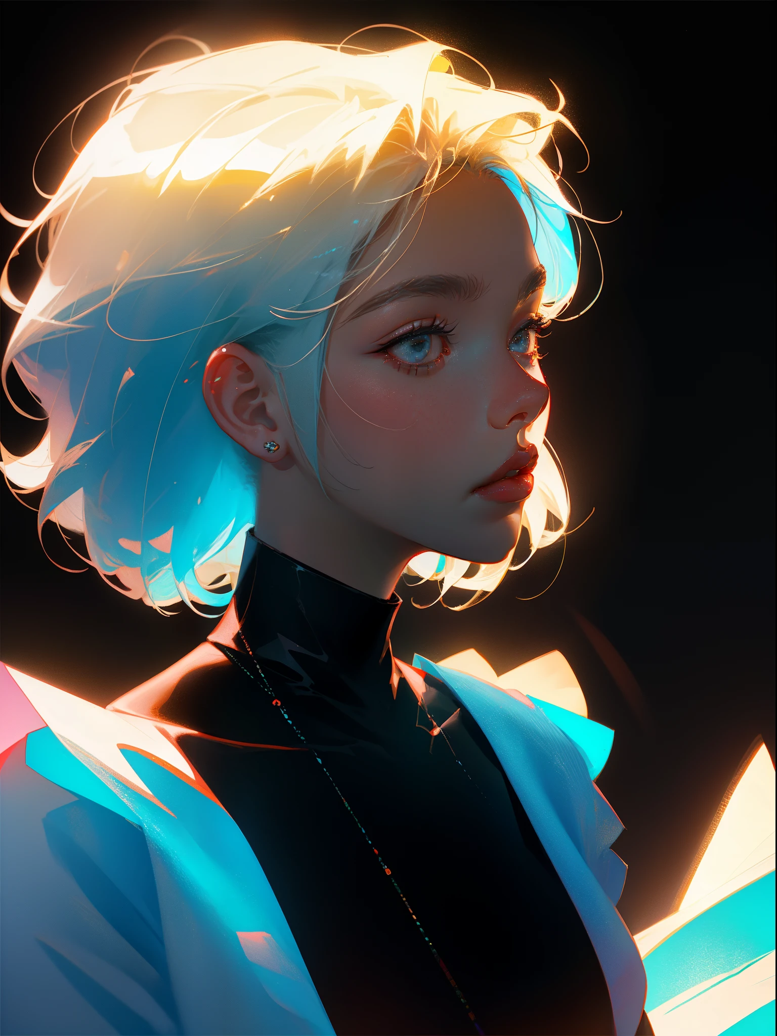 Highest quality,The perfect masterpiece,Perfect artwork,8K,
(Upper Body Portrait:1.5),(((Seen from the side:1.2))),close-up lens,Delicate face,
White-haired girl,(hakuhatsu:1.3),short and medium hair,(Black background:1.3),
pearl illusion,Cyberpunk,fashion trend,3s material,high-definition,detail representation,c4d,3D,octane rendering,ray tracing,complex details,animated lighting,OCrenderer,8k,