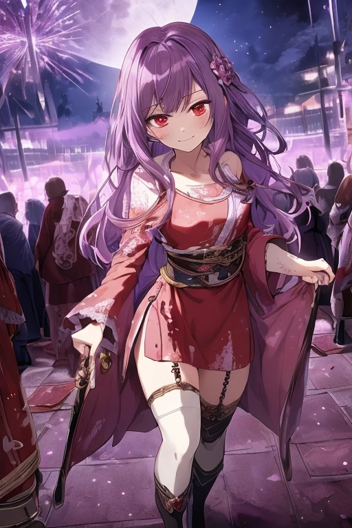 masterpiece, intricate detailed,bestquality, {{masterpiece}},bestquality, extremely detailed cg unity 8k wallpaper,Guro, dynamic angle, Walk towards the audience, Nepgear, flat chest, Red Eyes, looking at the audience,Dark personality, cry, evil grin, Torn purple shirt, Purple robe with torn pattern, Thigh strap, long purple hair, purple shoes, white thighhighs, Hair ornaments, Blood is splattered, Blood Moon, forests,