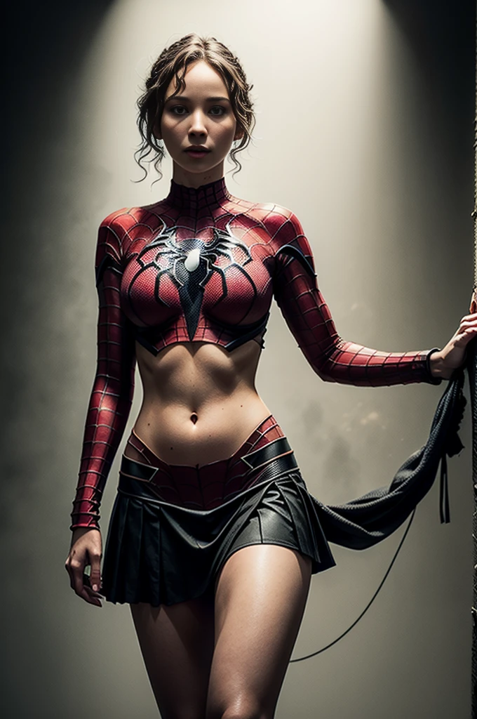 Jennifer Lawrence、Sticking out the navel、newyork、She wears a torn Spider-Man suit,wearing skirt、 Red and black color scheme,Dynamic、masterpiece、top-quality、ultra-detailliert、ighly detailed、beautiful detailed brilliance、超A high resolution