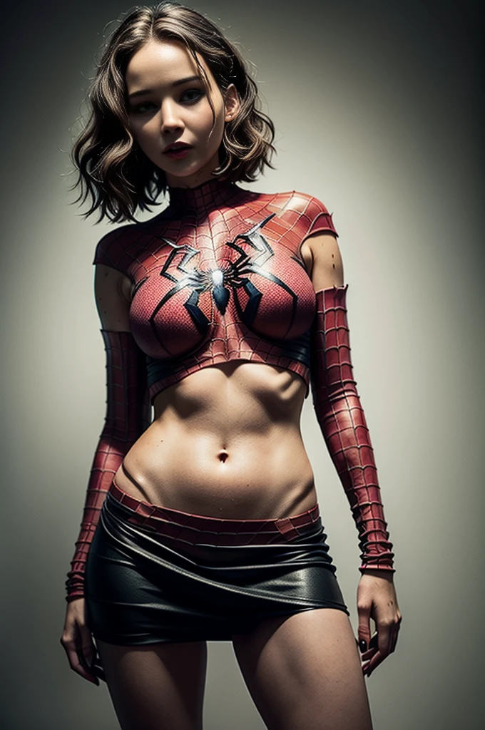 Jennifer Lawrence、Sticking out the navel、newyork、She wears a torn Spider-Man suit,wearing skirt、 Red and black color scheme,Dynamic、masterpiece、top-quality、ultra-detailliert、ighly detailed、beautiful detailed brilliance、超A high resolution