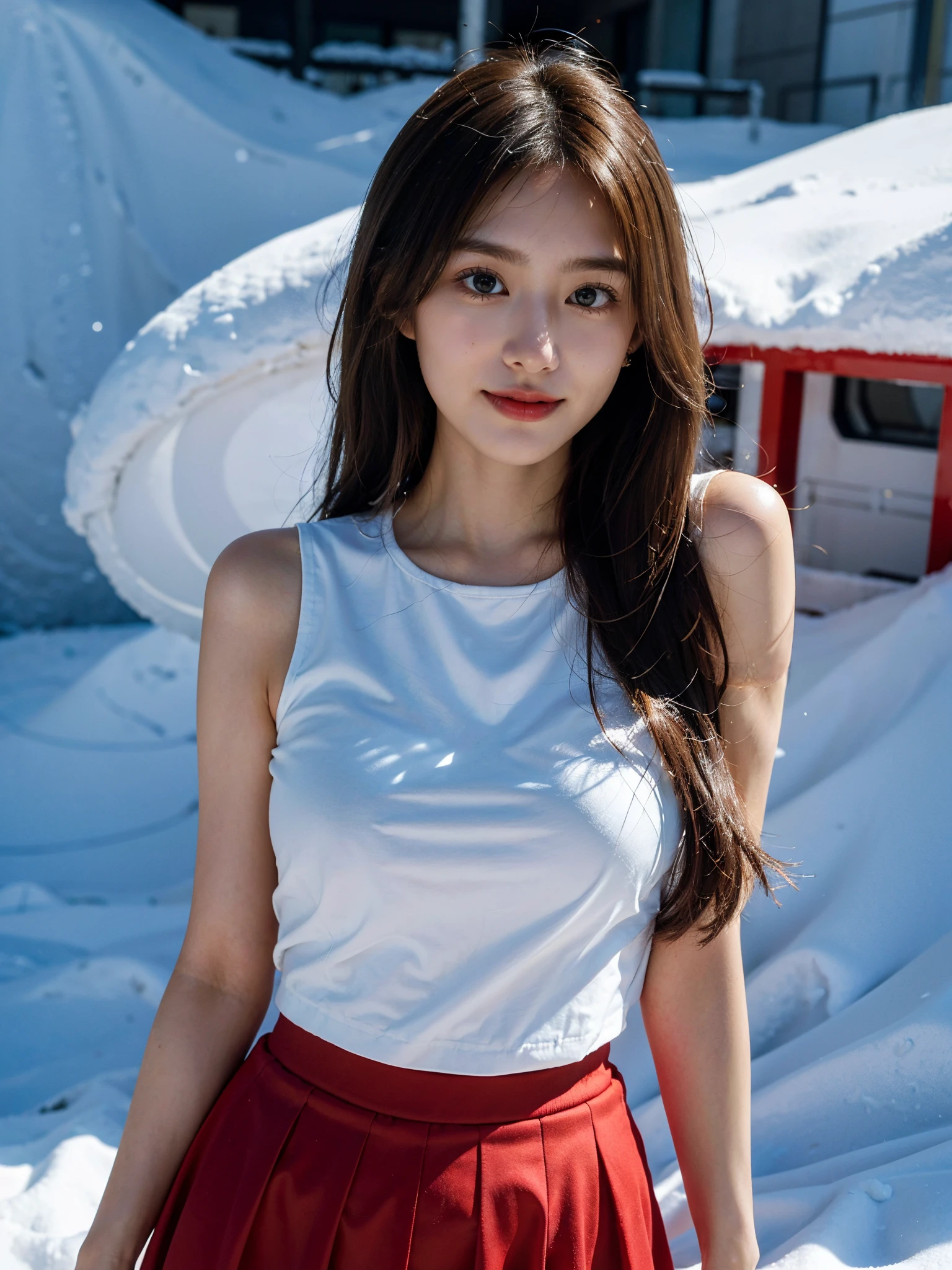 best qualtiy，tmasterpiece，The ultra-Highres，（真实感：1.4），Raw-Photo，1girll，Long Whitr hair，face highlight，In addition，girly，Flushing，18 years-old，Smiling 18-year-old female classmate，In addition，Innocent，（best qualtiy，8K，tmasterpiece:1.3），goose egg face，large eyes，long eyeslashes，Exquisite（Live-action realistic style），Eyes like stars，The Ultimate Face，Realistic light and shadow，Clear Facial Features，Milky Skin，Fair skin， highdetailskin， Realistic skin details， Visible Pore，（super detaill），（perfect body figure：1.1），Long Whitr hair，（dynamicposes），((Dynamic background((Bolshetic Light：1.3))，tits huge，Red long skirt，Alps，snow mountain，ski，freedom，dashing，Long leg，Shunguang