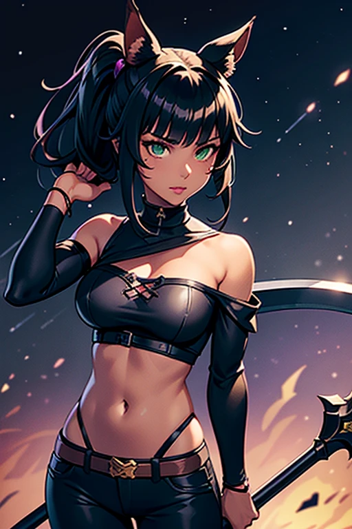 1girl, Miqo'te Final Fantasy 14, Reaper Job, Dark Pants, Dark top, Scythe (weapon) , Black Hair, Purple ; highlights; Green eyes, Side Ponytail , Darker Skin Tone, cat tail; No Ears, Portrait, in space,