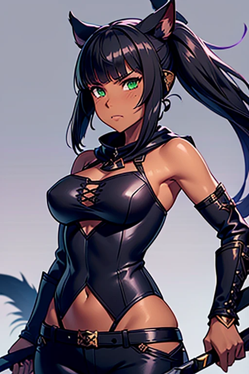 1girl, Miqo'te Final Fantasy 14, Reaper Job, Dark Pants, Dark top, Scythe (weapon) , Black Hair, Purple ;  highlights; Green eyes, Side Ponytail , Darker Skin Tone, cat tail; No Ears, Portrait, in space,