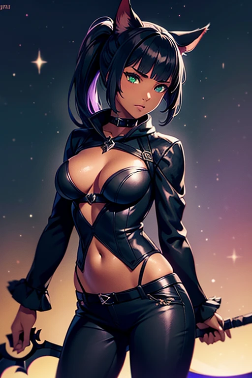 1girl, Miqo'te Final Fantasy 14, Reaper Job, Dark Pants, Dark top, Scythe (weapon) , Black Hair, Purple ; highlights; Green eyes, Side Ponytail , Darker Skin Tone, cat tail; No Ears, Portrait, in space,