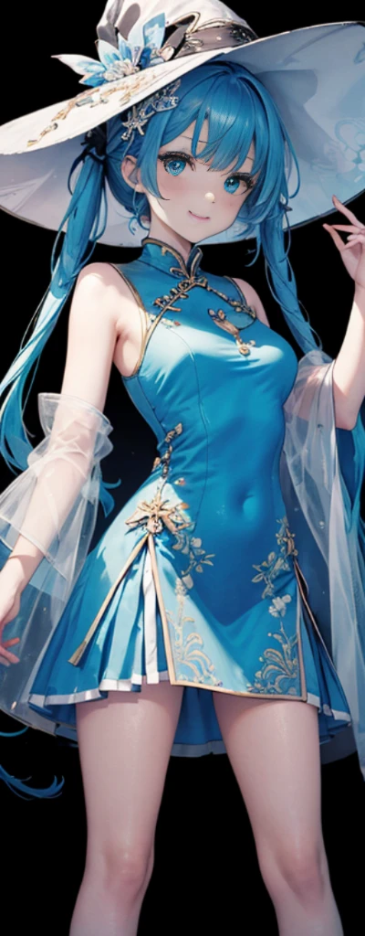 (fully body photo),Fluorescent background,(1 Witch,Flash fluorescence,Hats,Sheer tulle cheongsam,Delicate tiara,ssmile),(paper art,Quilted paper art,geometry),(Lots of colors,Best quality at best,high detal,tmasterpiece,movie light effect,4K,lightand shade contrast),Blue sheer tulle dress,pigtails,Red knee-length socks,luminous totem,eBlue eyes,blue hair and big breasts,long braid,
