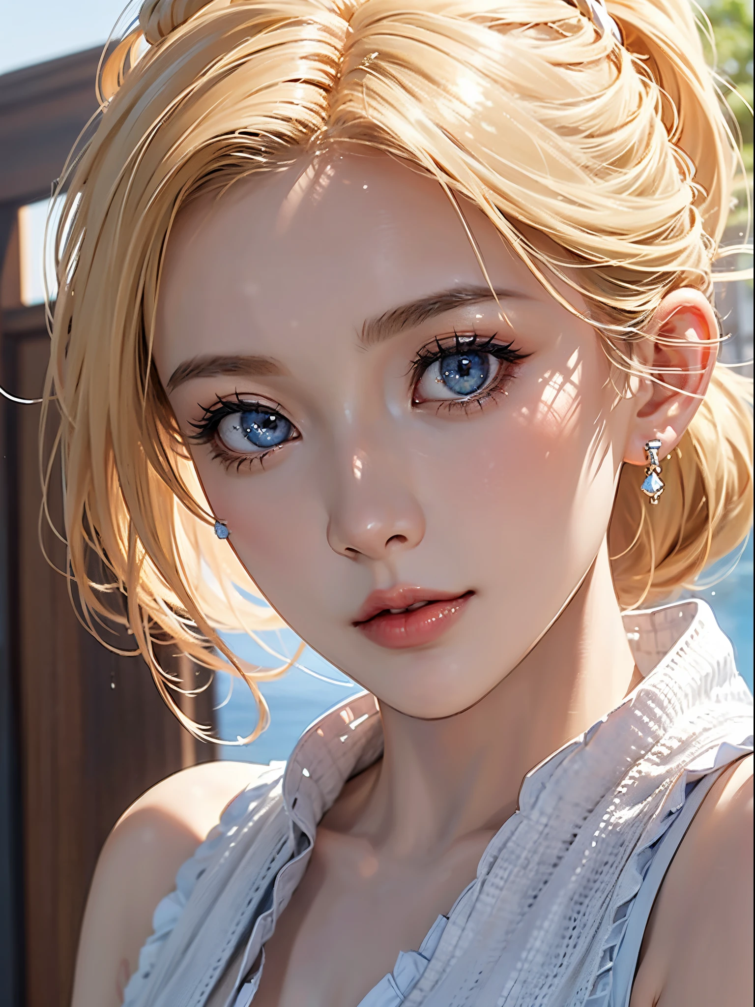 Elegant mature female, milf, blue eyes, blonde hair, soft light, high detailed, 4k resolution, high quality, beautiful cg,