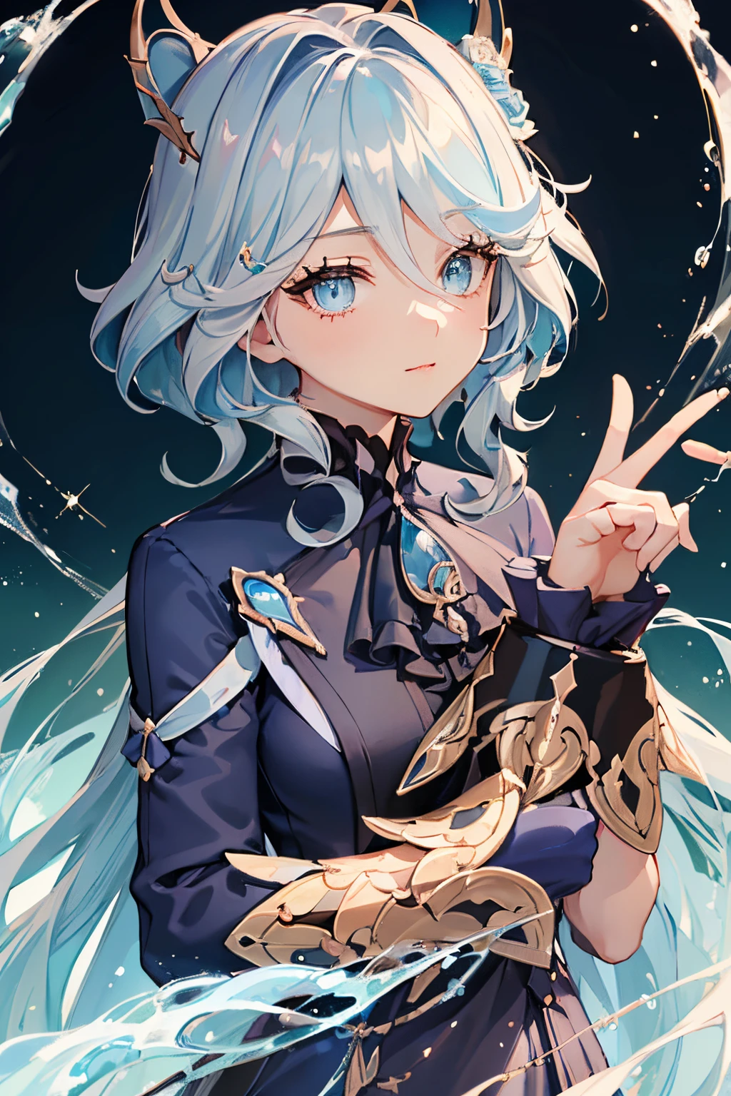 Friner, surrealism, 8K, yes, Super detail, Hydroelectric Akron, upper legs, Sitting, Kid face, Smug, Beautiful eyes, Masterpiece, high resolution, 8K, anime woman, Delicate and meticulous text 、detailed digital illustration、(((Genshin Impact))、Shiny hair、A very beautiful woman、High image quality, High quality、Detailed background、The inside of the eye sparkles like a diamond、(((Blue hair)))、(((sweeping bangs)))、Gradient pupils、(((2 arms、4 fingers, 1 thumb)))、detailed feminine face、A very beautiful woman、、细致背景、tmasterpiece、Soft focus , Bright gradient watercolor , Lens flare , (((glitters))) , Glow , Dreamy ,、((Very beautiful light blue rose hair ornament)), Luxury room background