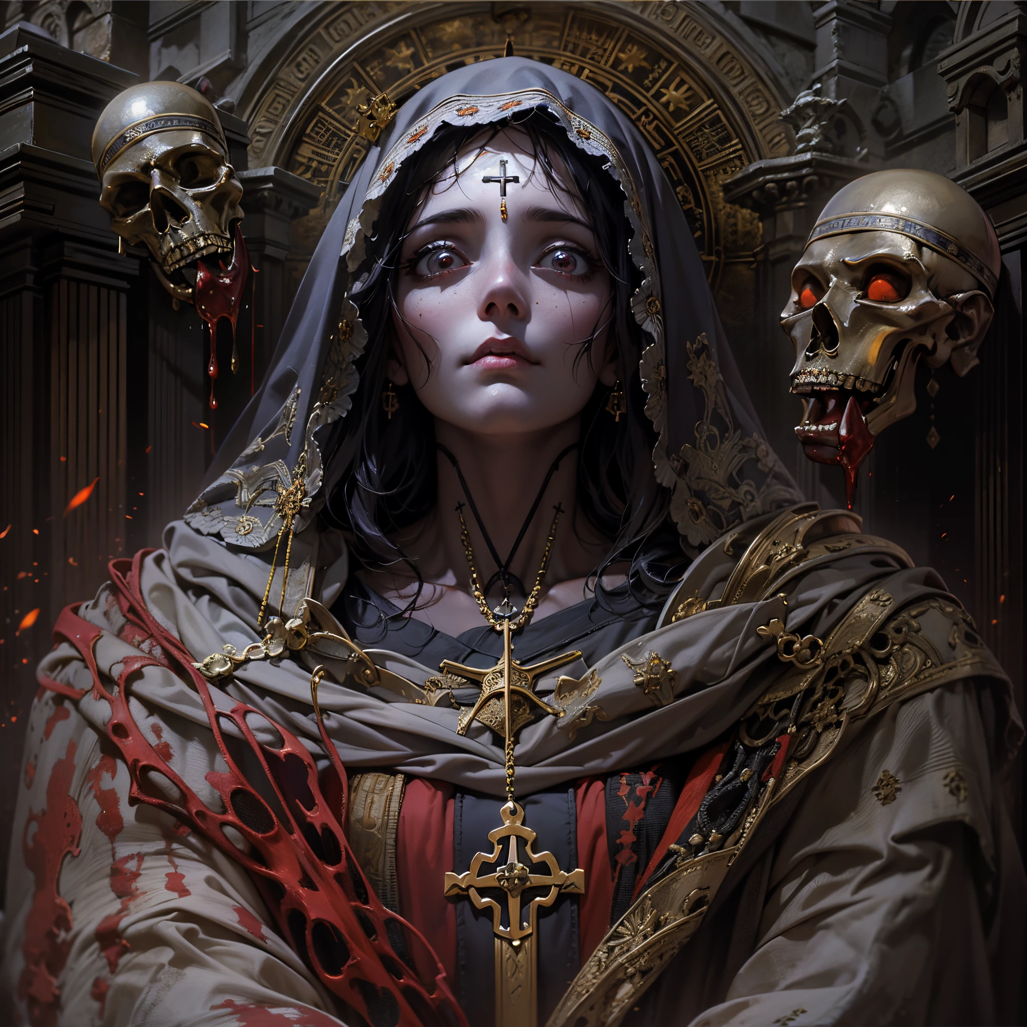 Monja de sangre,oscuro y tetrico ambiente,iglesia vieja con cristaleras biblicas,mujer hermosa con ojos rojos y penetrantes,1mujer rodeada de espiritus etereos,oscuridad eterna y profunda,fantasmas penitentes,grupo de espiritus humanoides