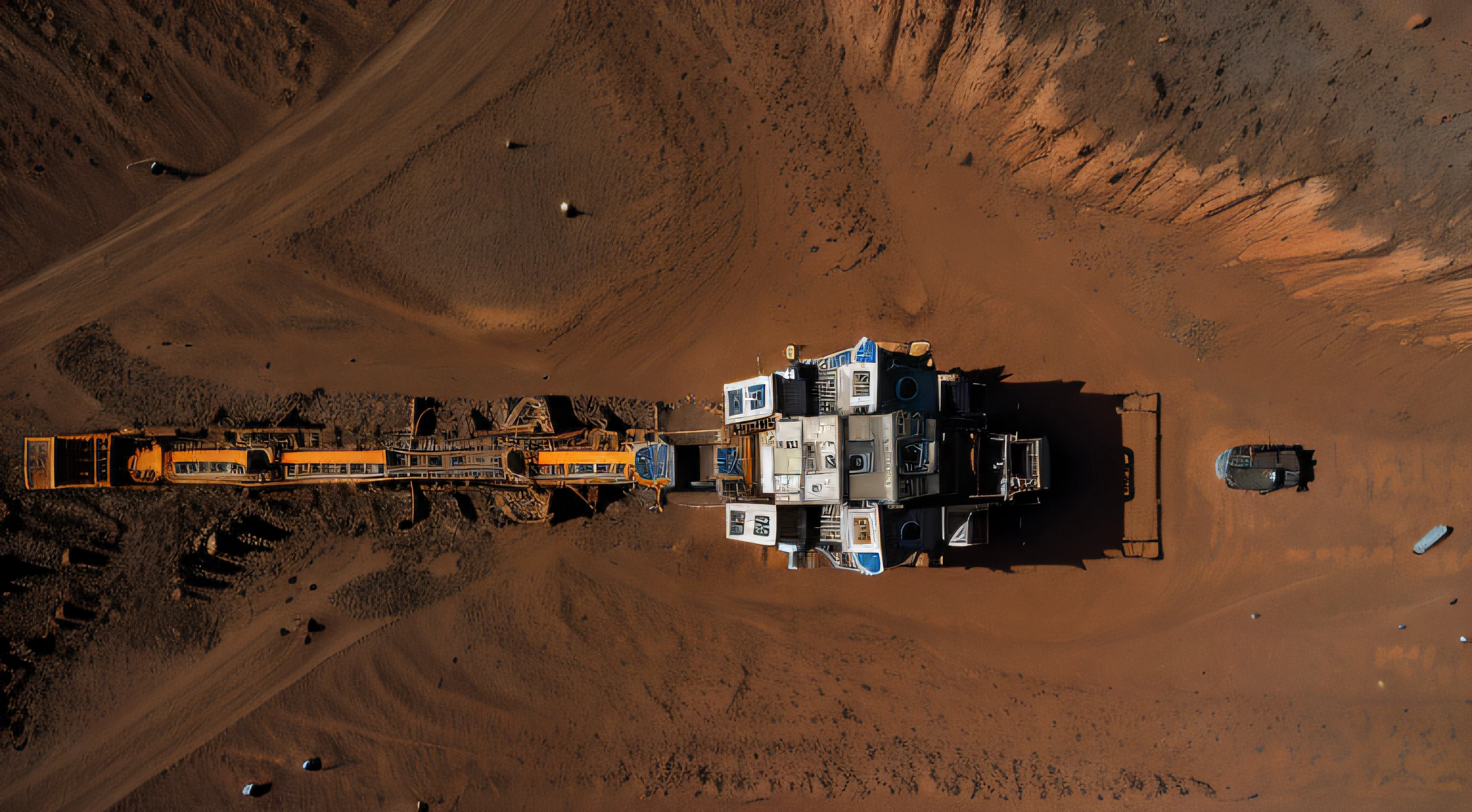On Mars, a huge cutting-edge drilling machine is at work. The Martian ground is dotted with metallic texture and many mining workers. Bright pictures, different machines, starry sky, daytime, digging into large mechanical details, super wide angle, bird's eye view, high reality, light and dark