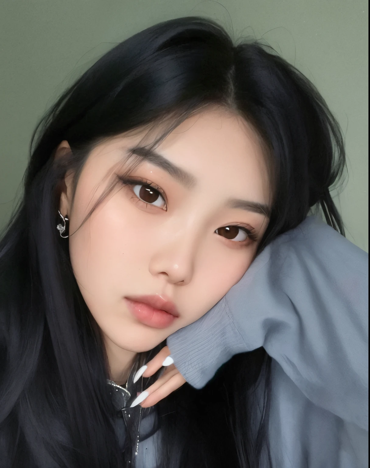 there is a woman with long black hair posing for a picture, menina coreana, Jinyoung Canela, Ulzzang, korean face features, wan adorable korean face, young adorable korean face, Mulher sul-coreana bonita, cruel korean goth girl, Heonhwa Choe, south east asian with round face, Jaeyeon Nam, Gongbi, korean symmetrical face