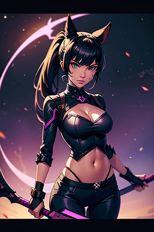 1girl, Miqo'te Final Fantasy 14, Reaper Job, Dark Pants, Dark top, Scythe (weapon) , Black Hair, Purple ; highlights; Green eyes, Side Ponytail , Darker Skin Tone, cat tail; No Ears,Mark on face (D.va Overwatch) Portrait, in space,