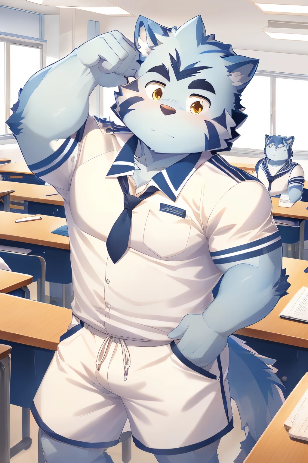 Hominidae, Photo pose. 4K, A high resolution, Best quality at best, posted on e621, (Two anthropomorphic blue wolves:1.2), male people, 20yr old, Thick eyebrows, light blue furs, extra very short hair, shaggy, Strong body, large pecs, ((White student uniform)), they have class together, Golden pupils, White skinny shorts, medium bulge, in class room,  (musculous, Heavyweight:1.2), Correct anatomy, (author：Chunni, author：Taran Fidler:0.8), (詳細な目:1.2), sexy for, (Cartoon shading:1.2), Cartoon shading, serious expressions, face flushed, (view the viewer:1.2)