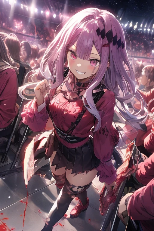 masterpiece, intricate detailed,bestquality, {{masterpiece}},bestquality, extremely detailed cg unity 8k wallpaper,Guro, dynamic angle, walk towards the audience, Nepgear, flat chest, Red Eyes, looking at the audience,Strong personality, cry, evil grin,  Torn purple shirt,  purple shirt with torn pattern, Thigh strap, Long Lilac Hair, purple shoes, white thighhighs, Hair ornaments, Blood is splattered, Blood Moon, forests,