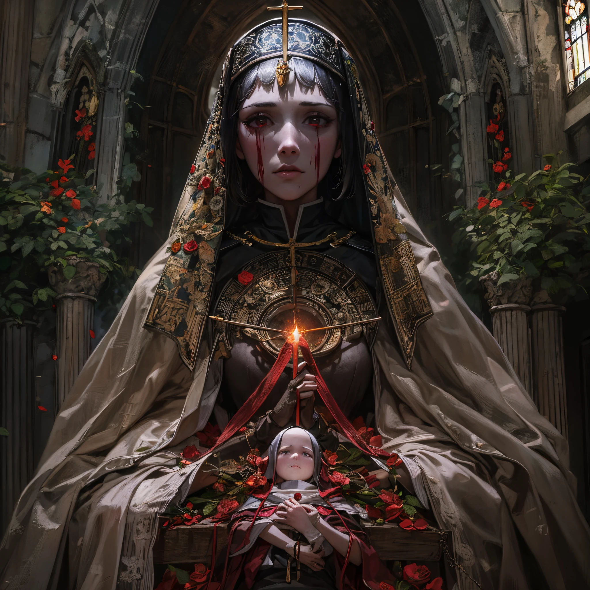 Monja de sangre,oscuro y tetrico ambiente,iglesia vieja con cristaleras biblicas,mujer hermosa con ojos rojos y penetrantes,1mujer rodeada de espiritus etereos,oscuridad eterna y profunda,fantasmas penitentes,grupo de espiritus humanoides