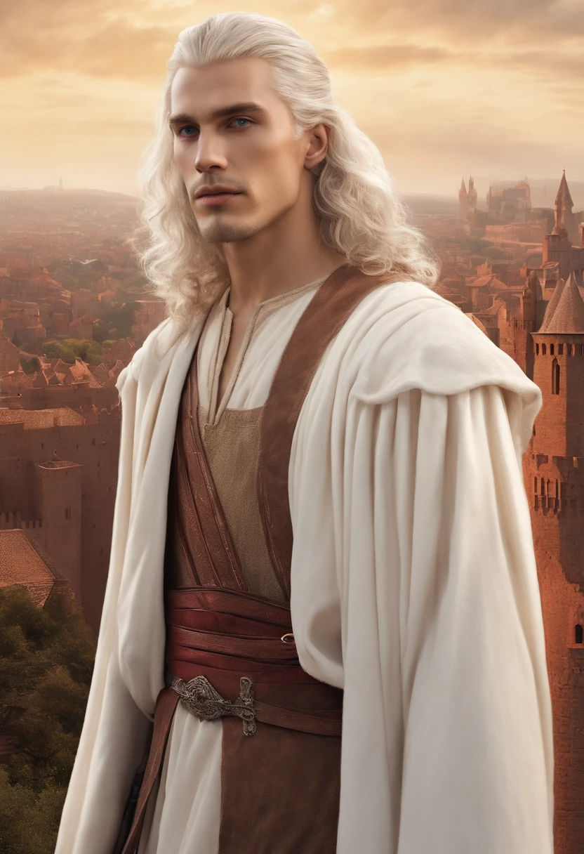 Aemond Targaryen standing on the battlements of the Red Keep, overlooking the city of King's Landing,A Song of Ice and Fire,His physical presence is characterized by silver, straight, and well-kept hair cascading down a long and sharp face. A sharp jawline, straight nose, pointed chin, and the unique feature of a missing right eye add to his distinctive appearance. The left eye, a striking lilac hue, draws attention, with the empty right eye socket adorned by a blue sapphire or concealed by an eyepatch. Thin lips, a pale complexion, and a serious expression complete his visage. Aemond's tall, slim, and lithe build contributes to an overall image of strength and regality.