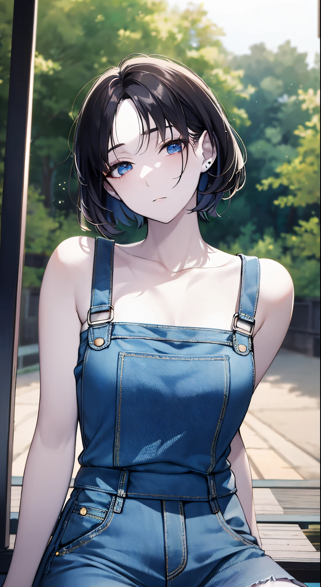 (masterpiece:1.2), (pale skin:1.2), (solo:1.2), (female:1.1), (emphasis lines:1.3), short hair, dark hair, bare shoulders, denim overall, outdoors, trees, closed mouth, collarbone
