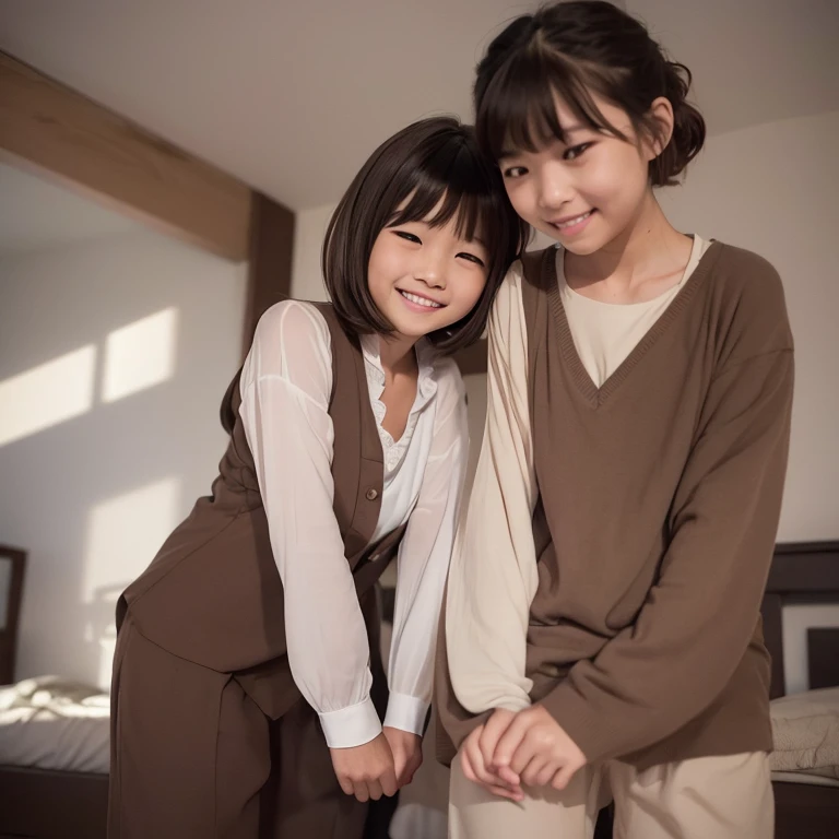 top-quality、Face Focus、softlight、(depth of fields)、超A high resolution、(Photorealsitic:1.4)、Raw photography、(portlate:1.4)、(from the front side) 1 Japan Girls、独奏、cute little、(full of shyness、A smile: 1.1)、(Brown-eyed)、detailed beautiful faces、(Short_hair)、Bedrooms、sleep、(formal clothes:1.2)