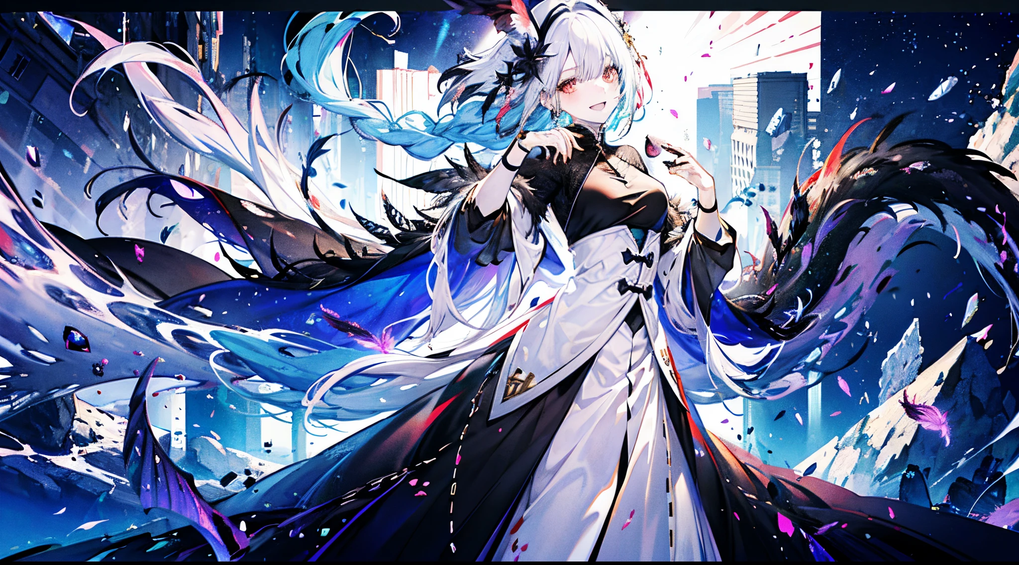 （（tmasterpiece：1.4，Best quality at best））+，（hyper-detailing）+，（Ultra-detailed eyes）+，（Fish ears：1.5），black aura
（cute girls），15year old，（Black pupils：1.15），with short black hair，long braid，Bushy hair（wariza：1.2），pale-skinned，Stupid smile，red rhombus crystal，red bird feathers，Empty eyes
（She wears a conservative black and orange coat，Black pattern，：1.5），（Starry Sky Cloak：1.4）Very long plush sleeves，grapes，white bandages，baiyun，Dream bubbles ，black fingernails，Vines surround，Transparent body，golden spine
（Cyan dragon horn：1.1），
（dawn light：1.2），
（Thick black and white：1.16），（depth of fields：1.4），，Complicated details，