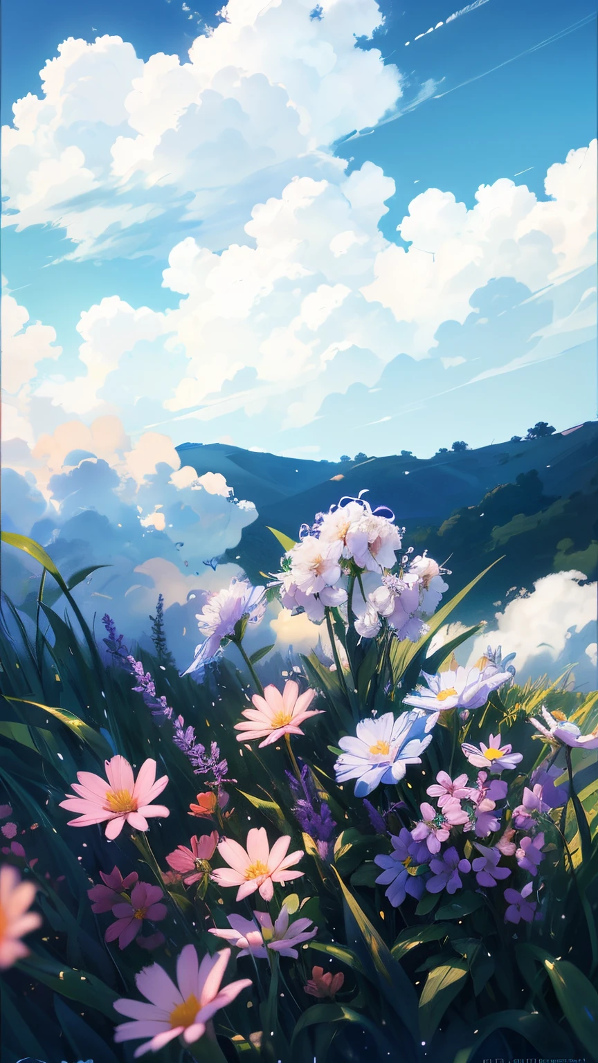 Summer, grass, a few small flowers, large clouds, blue sky, hot weather, HD detail, wet watermark, hyperdetail, cinematic, surrealism, soft light, deep field focus bokeh, ray tracing, and surrealism. --v6