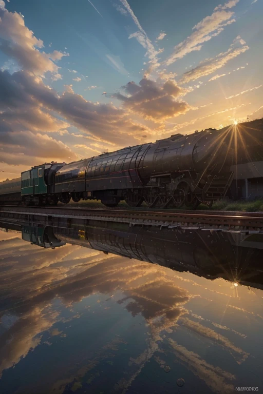 (best quality,4k,8k,highres,masterpiece:1.2),ultra-detailed,(realistic,photorealistic,photo-realistic:1.37),vivid colors,beautiful evening sky,sun ray,clouds,railway,calm nature,city