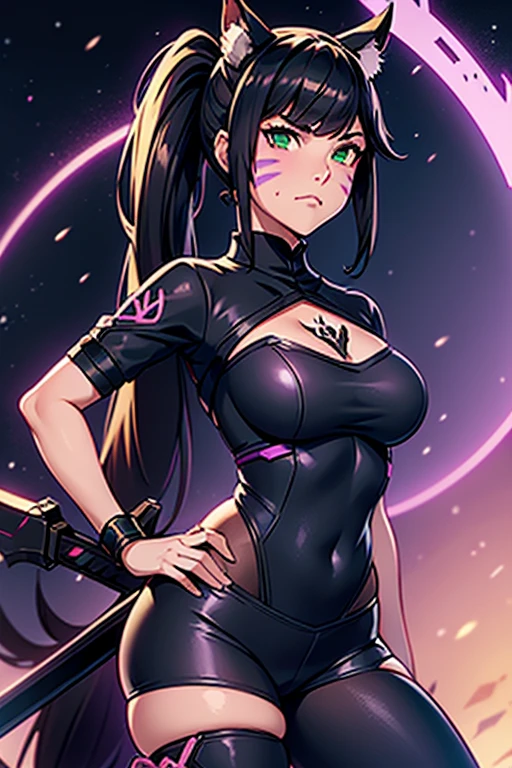 1girl, Miqo'te Final Fantasy 14, Reaper Job, Dark Pants, Dark top, Scythe (weapon) , Black Hair, Purple ; highlights; Green eyes, Side Ponytail , Darker Skin Tone, cat tail; No Ears,Mark on face (D.va Overwatch) Portrait, in space,