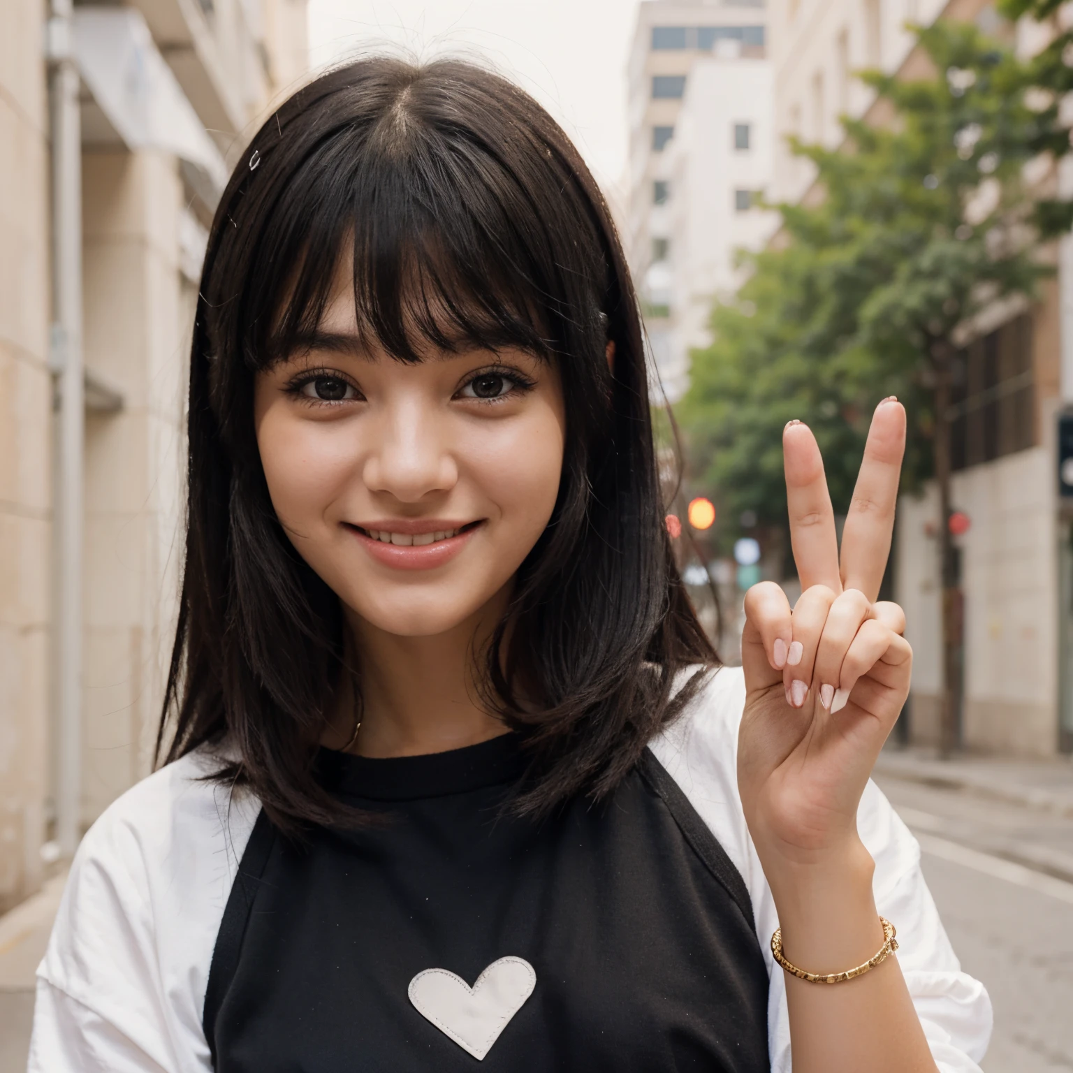 Girl peace sign black hair with bangs smiling cute