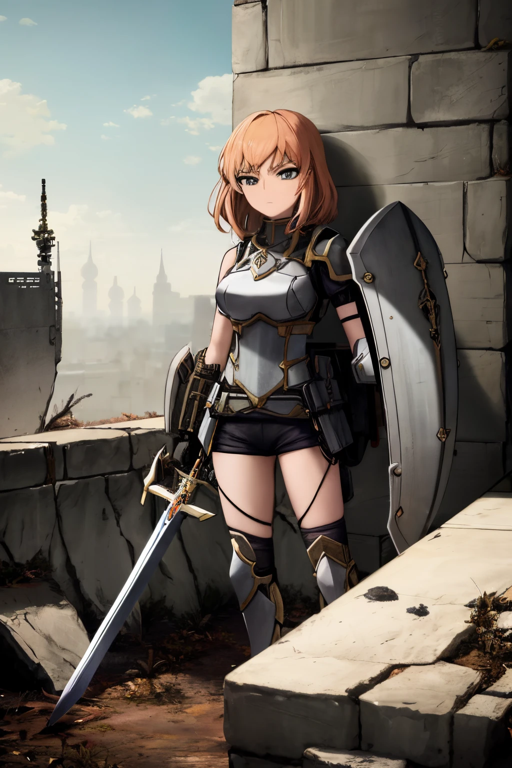 anime girl with sword and shield standing on a ledge in a city, Menina da armadura, Poderosa princesa do deserto, Mechanized Valkyrie girl, protagonista feminina 👀 :8, portrait of a female anime hero, 2. 5 d cgi anime fantasia arte, personagem de anime feminino, female action anime girl, cavaleiro feminino, protagonista feminina, menina na armadura do cavaleiro, anime epic artwork