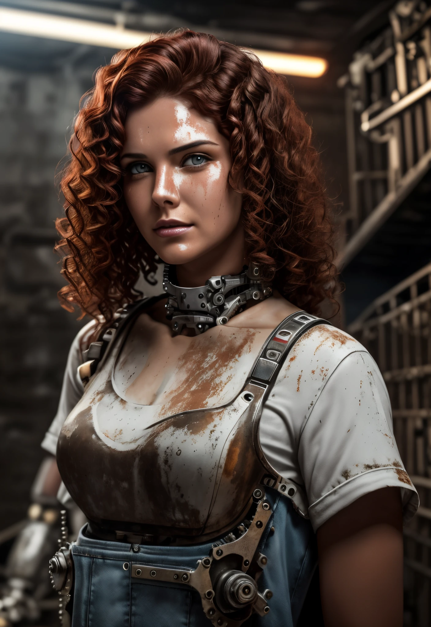 a (((mechanical woman with engine oil stains on her face))), with a fearful expression, with red curly hair, in white clothes, with jeans with women's straps, in a (((old basement) )) and dark with black shadow, and an aurora light illuminating the woman's face, 3D style, cinematic, midjorney, 8K, with frontal position, black engine oil stain, full of grease, ratio: [1024x1024] resolutivo: [1:1], resolution Square, quality UHD --auto --s2