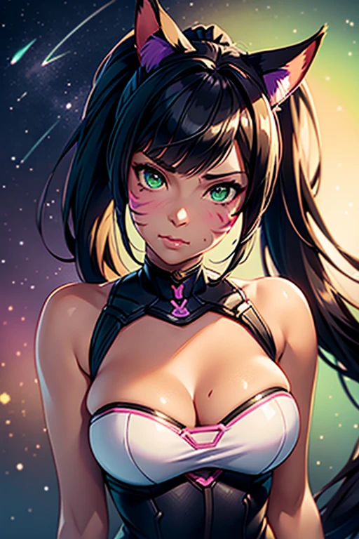 1girl, Miqo'te Final Fantasy 14, Samourai Outfil, Katana (weapon) , Black Hair, Purple ; highlights; Green eyes, Side Ponytail , Darker Skin Tone, cat tail; No Ears; facial Marks(D.va Overwatch) Portrait, in space,