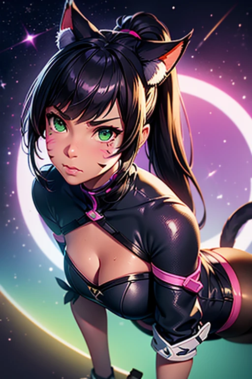 1girl, Miqo'te Final Fantasy 14, Samourai Outfil, Katana (weapon) , Black Hair, Purple ; highlights; Green eyes, Side Ponytail , Darker Skin Tone, cat tail; No Ears; facial Marks(D.va Overwatch) Portrait, in space,