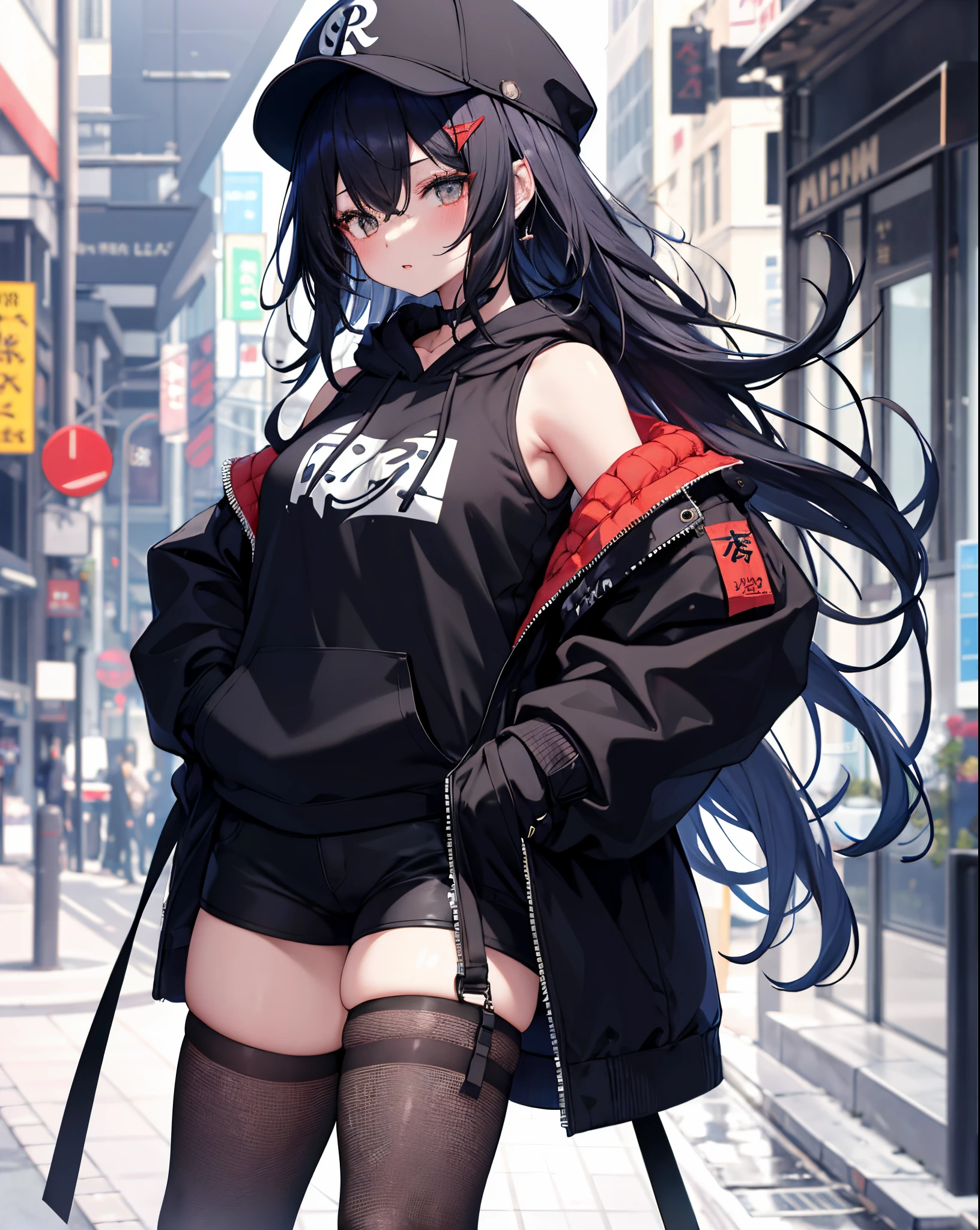 tmasterpiece，1 plump girl，独奏，cabelos preto e longos，hoody，cropped shoulders：1.2，Mob caps，the street，hand on hips，hand on pockets，fishnet stockings，black color hair，Long hair