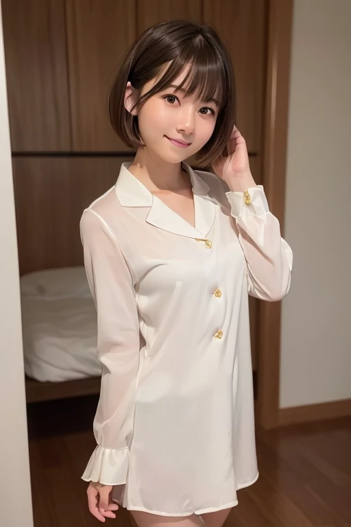 (Photorealistic: 1.4), masterpiece, ultra high resolution, RAW photo, best quality, (hands on chest: 4.0), (open mouthed smile: 4.0), (big smile: 1.5), (white teeth: 2.0), raw photo, Japan beautiful wife 1, 18 years old, pure white skin, petite and six-headed woman, (sexy: 1.4), (cute: 3.0), (eyes with the corners of the eyes down: 2.0), ( Big, round eyes: 3.0), (moisturized eyes: 3.0), (looking up at the camera: 3.0), (looking at the front: 2.0), (looking forward: 1.5), (eyebrows falling into a figure eight: 2.0), blush, slender, (black short hair: 1.5), bangs, exposed chest, exposed crotch, uniform, miniskirt, panchira, white lace panties, (love hotel room) :3.0)、