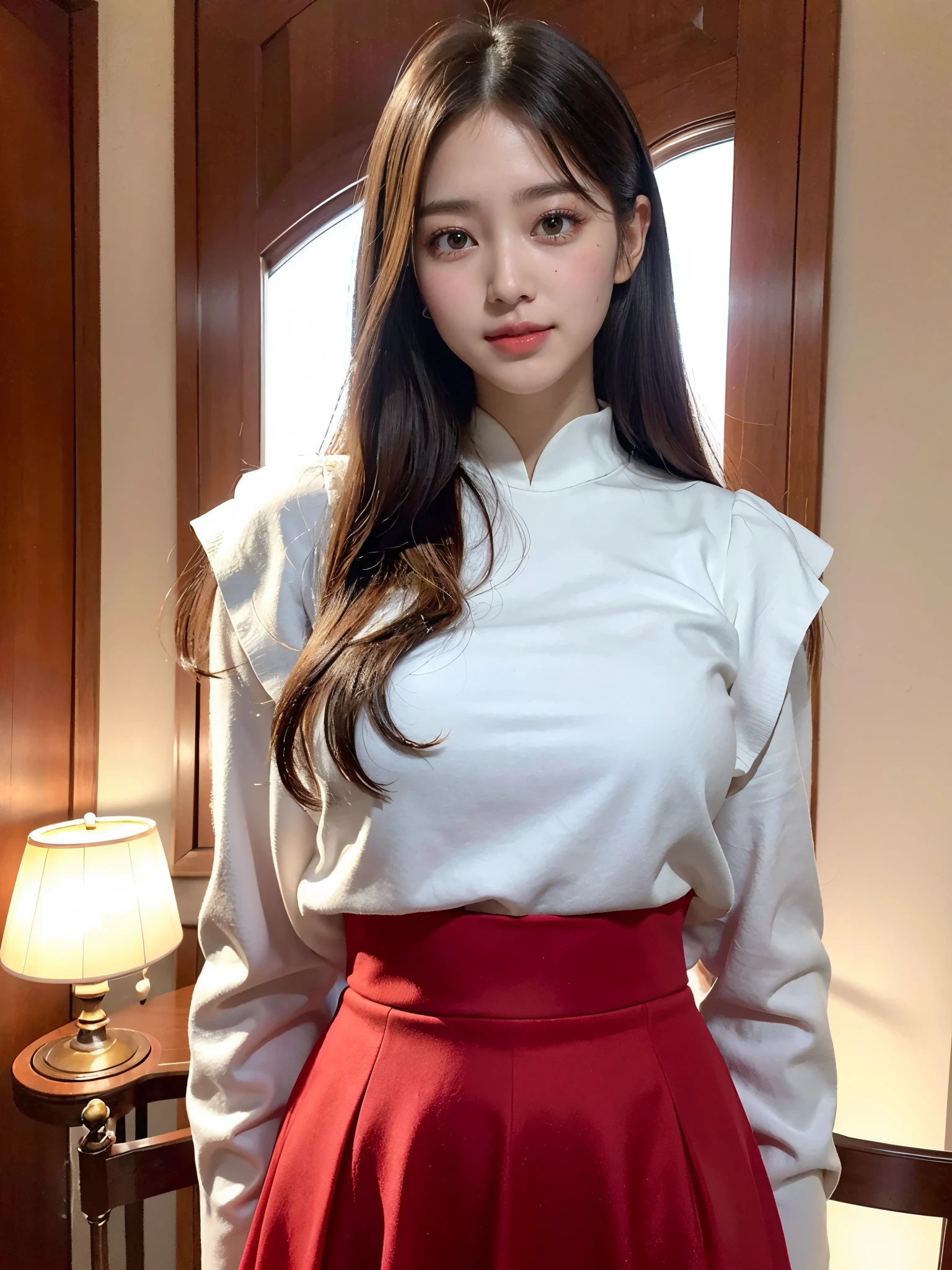 best qualtiy,tmasterpiece,The ultra-Highres,(真实感:1.4),Raw-Photo,1girll,Long Whitr hair,face highlight,In addition,girly,Flushing,18 years-old,Smiling 18-year-old female classmate,In addition,Innocent,(best qualtiy,8K,tmasterpiece:1.3),goose egg face,large eyes,long eyeslashes,Exquisite(Live-action realistic style),Eyes like stars,The Ultimate Face,Realistic light and shadow,Clear Facial Features,Milky Skin,Fair skin, highdetailskin, Realistic skin details, Visible Pore,(super detaill),(perfect body figure:1.1),Long Whitr hair,(dynamicposes),((Dynamic background((Bolshetic Light:1.3)),tits huge,Red long skirt,Alps,snow mountain,ski,freedom,dashing,Long leg,Shunguang