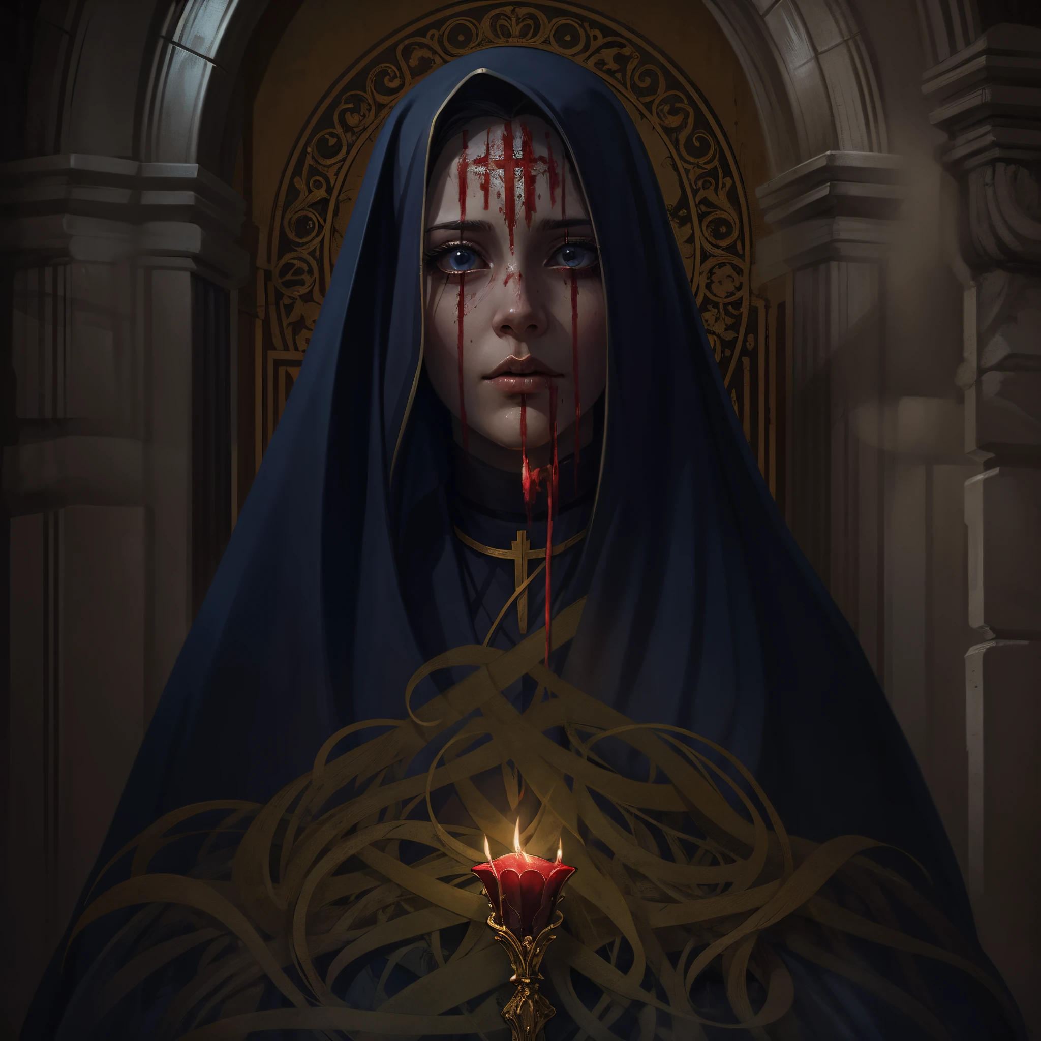 Monja de sangre,oscuro y tetrico ambiente,iglesia vieja con cristaleras biblicas,mujer hermosa con ojos rojos y penetrantes,1mujer rodeada de espiritus etereos,oscuridad eterna y profunda,fantasmas penitentes,grupo de espiritus humanoides