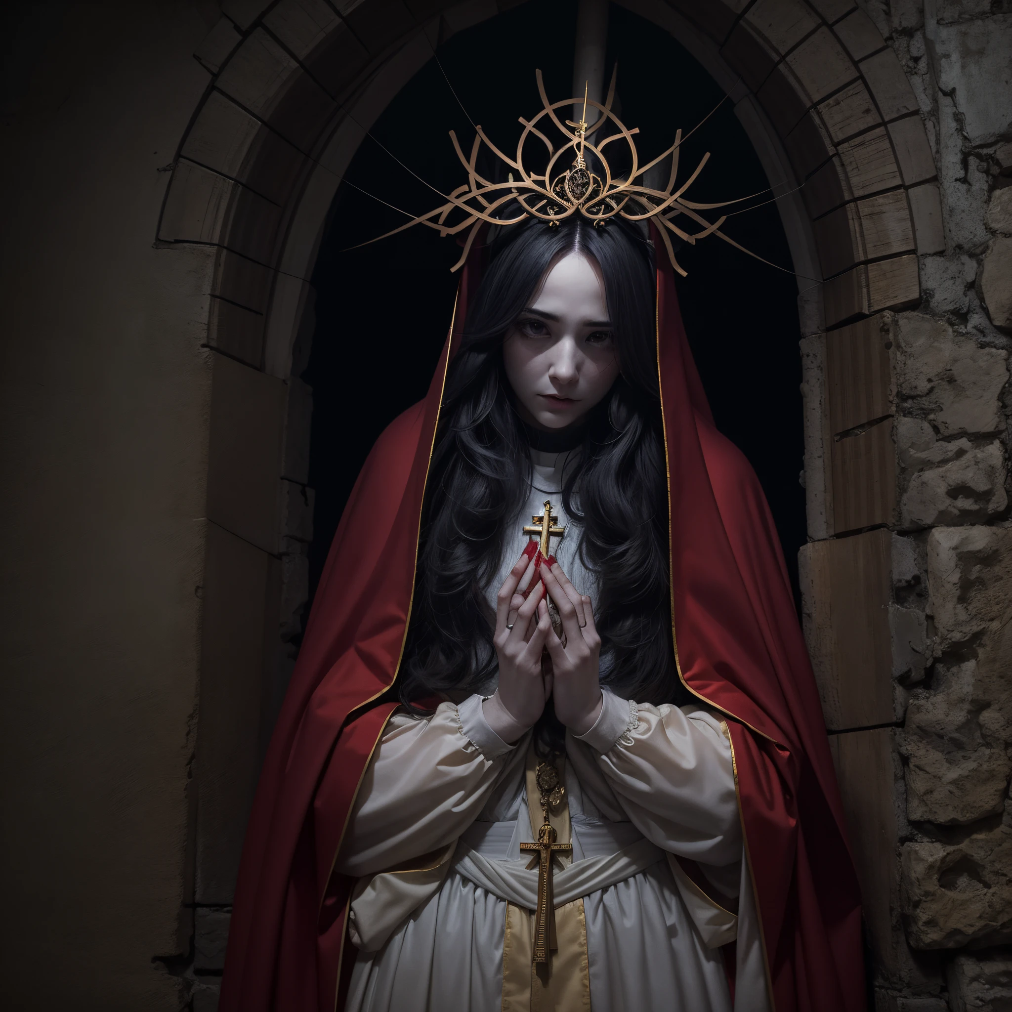 Monja de sangre,oscuro y tetrico ambiente,iglesia vieja con cristaleras biblicas,mujer hermosa con ojos rojos y penetrantes,1mujer rodeada de espiritus etereos,oscuridad eterna y profunda,fantasmas penitentes,grupo de espiritus humanoides