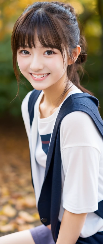 (masterpiece,top-quality,超A high resolution),A Japanese Lady,Beginner girls、(Perfect limbs、perfect anatomia)、kawaii、onepiece、Pure white、Beautiful skin、Moist eyes、neat girl、embarrassed grin、Facing the front、sitting on、Panchira、Alone、University Campuses、sox、Autumn clothes、