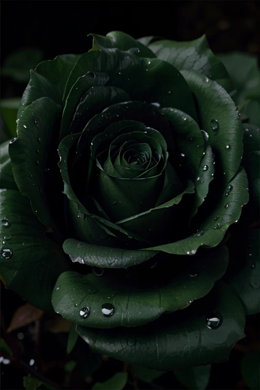 vantablack  rose , green leaves , rain drops ,