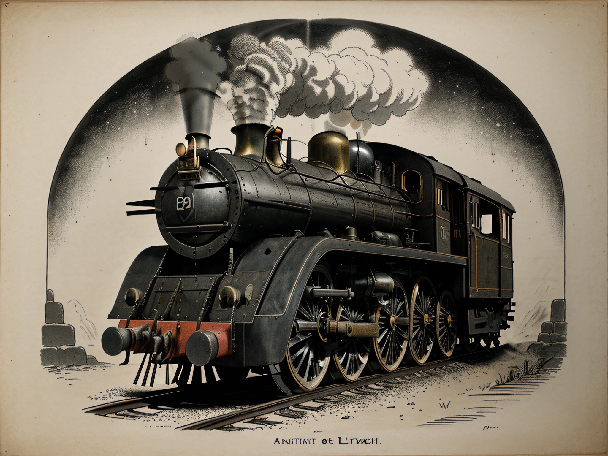 ancient engraving depicting a steam locomotive, old, epoch of the 11th century, calm tones, lithography, craft paper