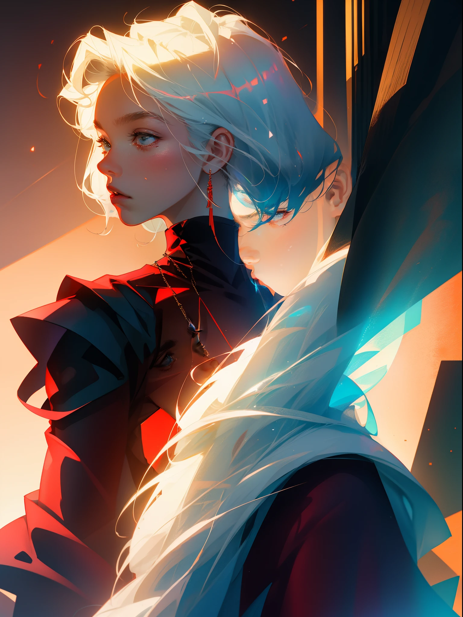 (((1male))), (((18 years old))), Highest quality,The perfect masterpiece,Perfect artwork,8K,
(Upper Body Portrait:1.5),(((Seen from the side:1.2))),close-up lens,Delicate face,
White-haired boy, short hair,(Red background:1.3),
pearl illusion,Cyberpunk,fashion trend,3s material,high-definition,detail representation,c4d,3D,octane rendering,ray tracing,complex details,animated lighting,OCrenderer,8k,